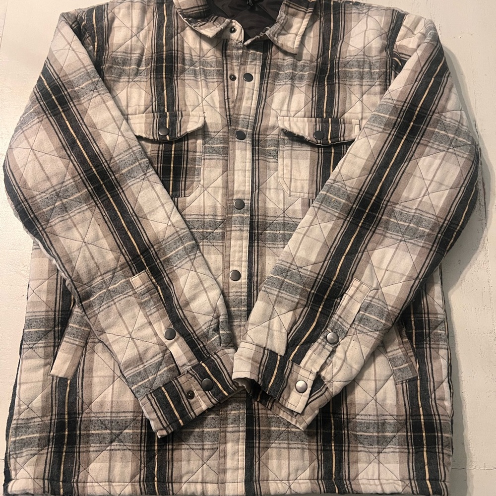 Quilted Plaid Shirt Jacket - Cream, Gray & Black